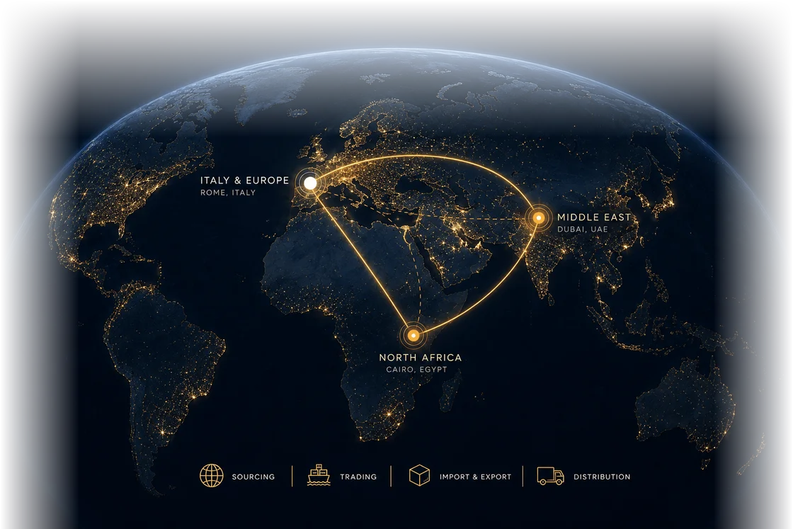 Night view of the Earth with FGT trade routes connecting Italy and Europe, the Middle East and North Africa