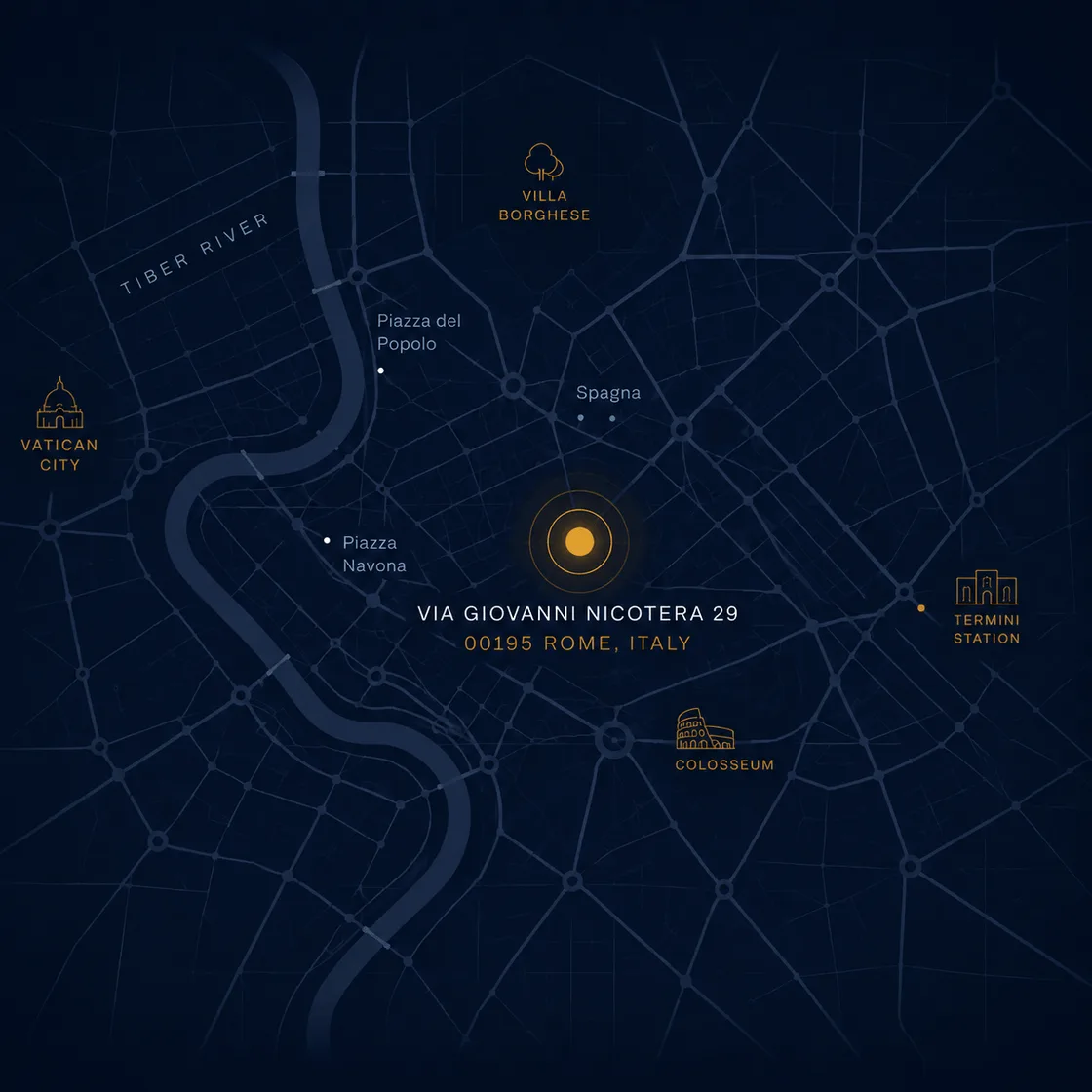 Stylized map of Rome highlighting the FGT registered office at Via Giovanni Nicotera 29, 00195 Rome
